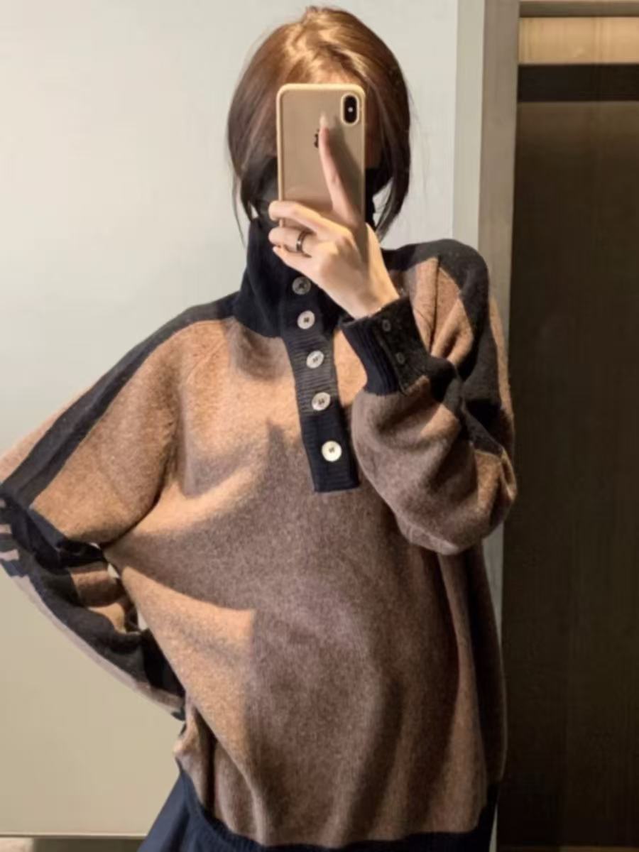 拼色针织衫时尚洋气POLO领羊毛衫秋冬季美拉德毛衣