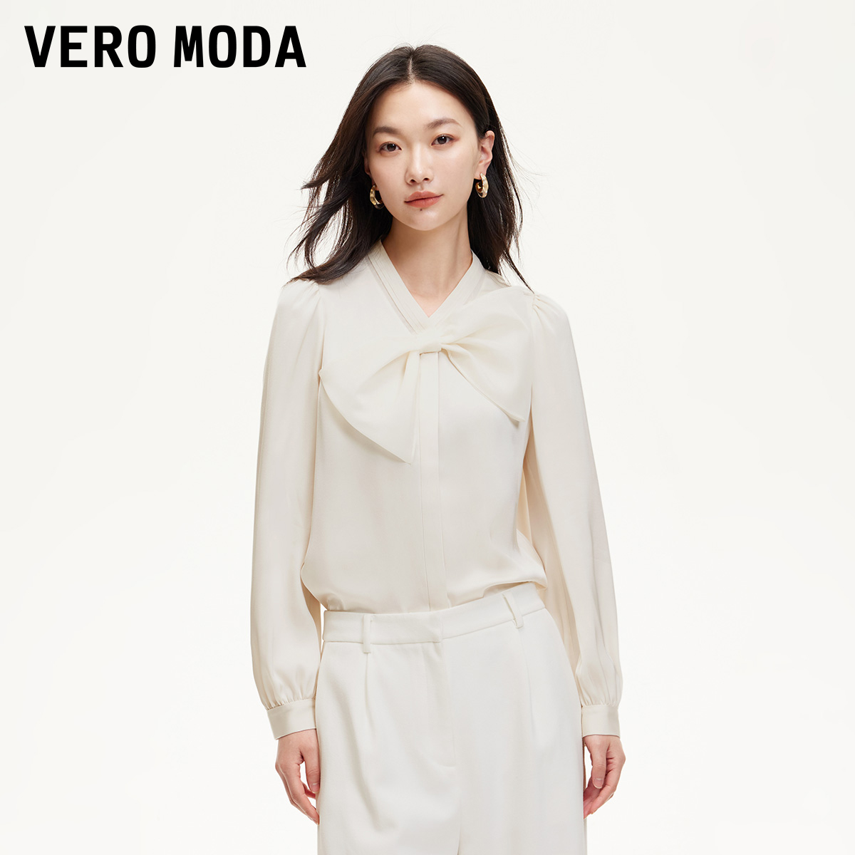 Vero Moda衬衫2025新款镂空薄纱拼接蝴蝶结装饰小众上衣百搭贵气