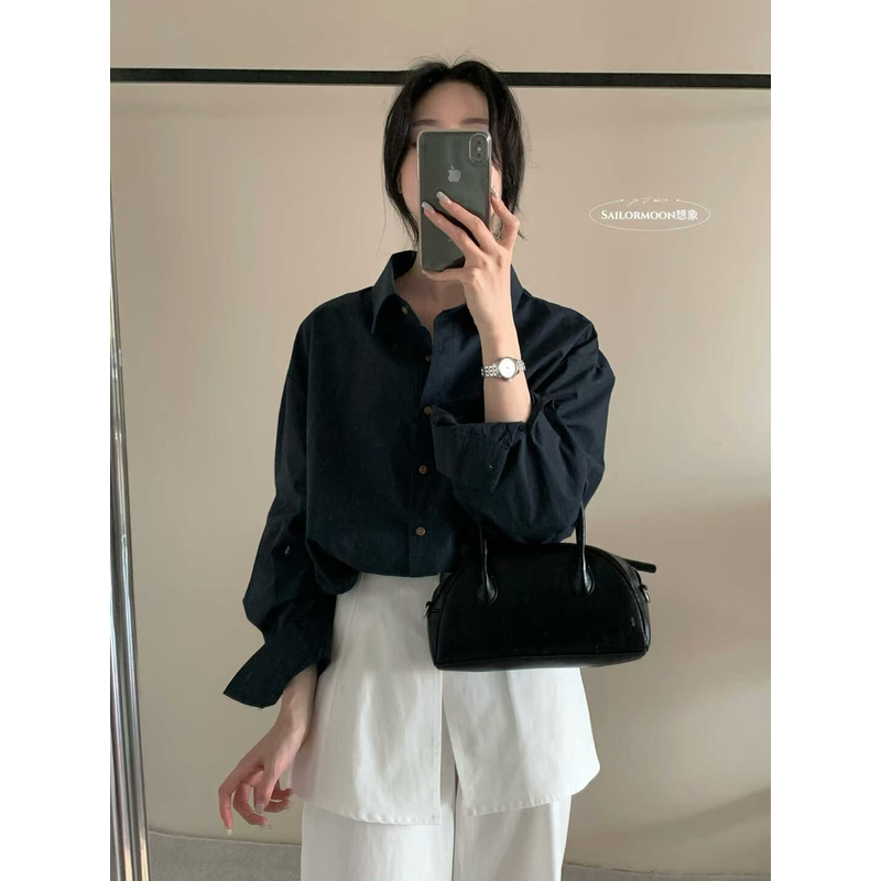 【清仓】韩系简约通勤长袖单排扣衬衫单穿叠穿polo领开衫