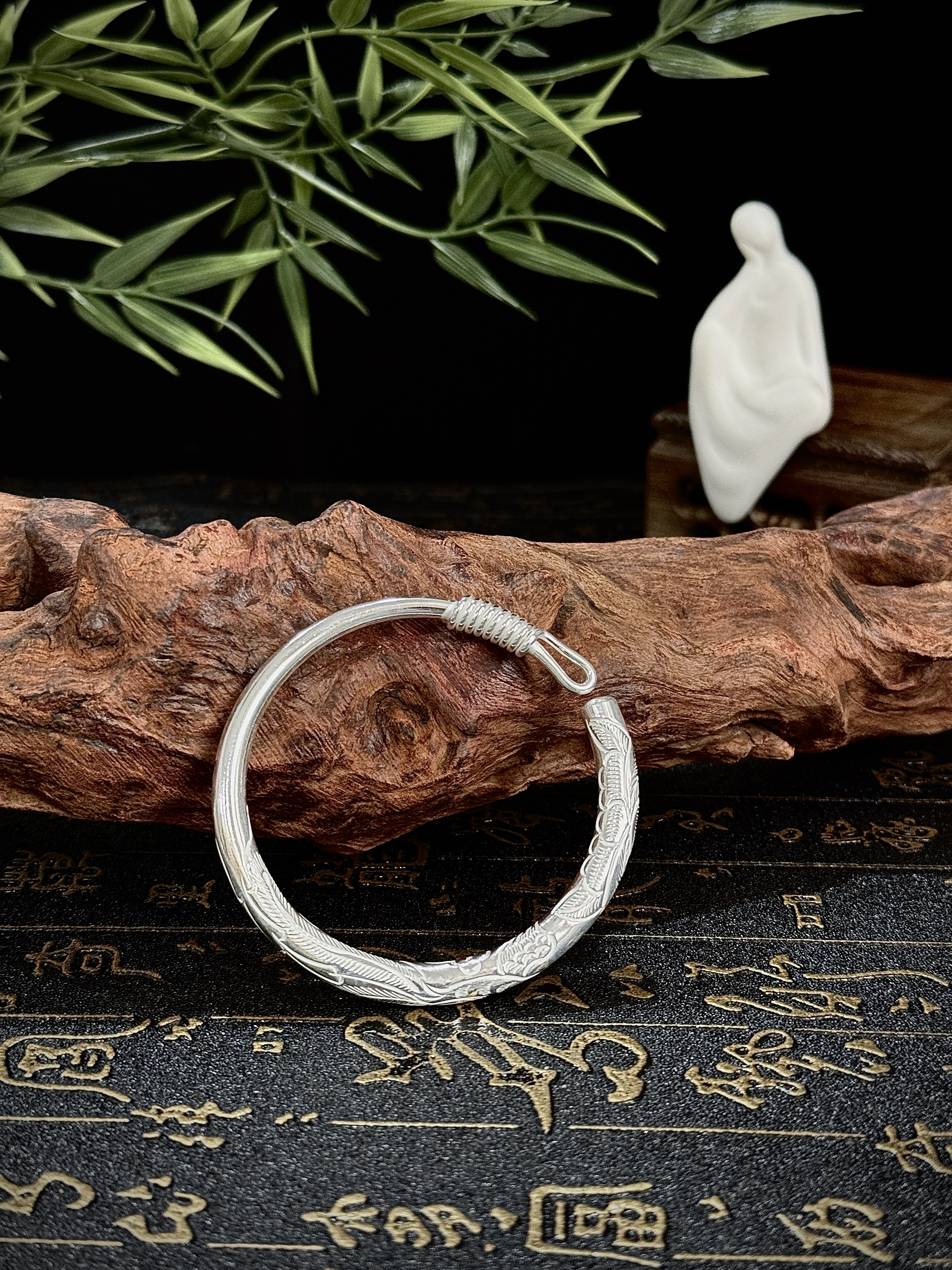 足银手镯 [半亩银田]錾刻【凤凰荷花手镯】民族风实心银制品纯手工