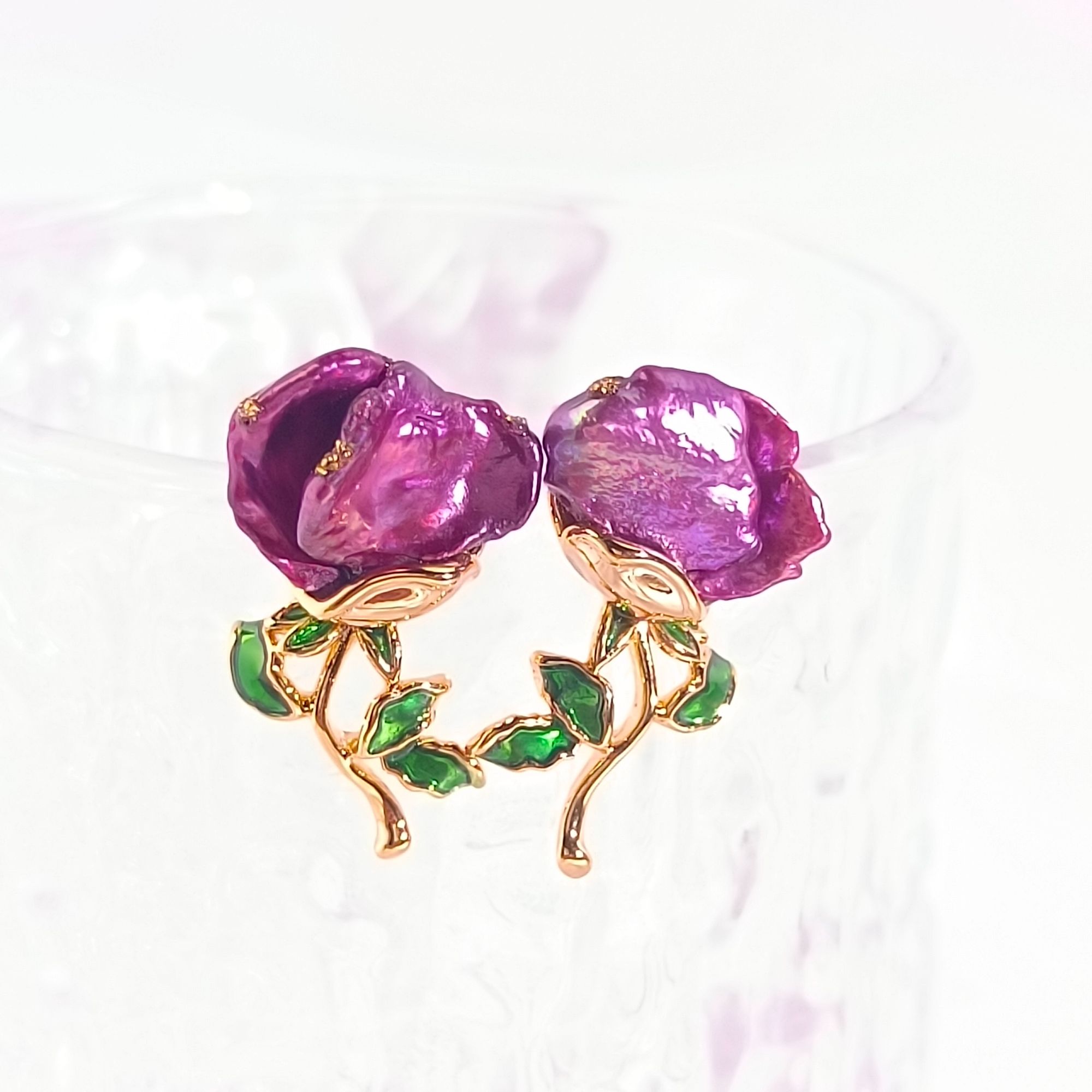 铜合金仿珍珠耳饰 （紫玫瑰）重工手工款925银针耳钉气质百搭