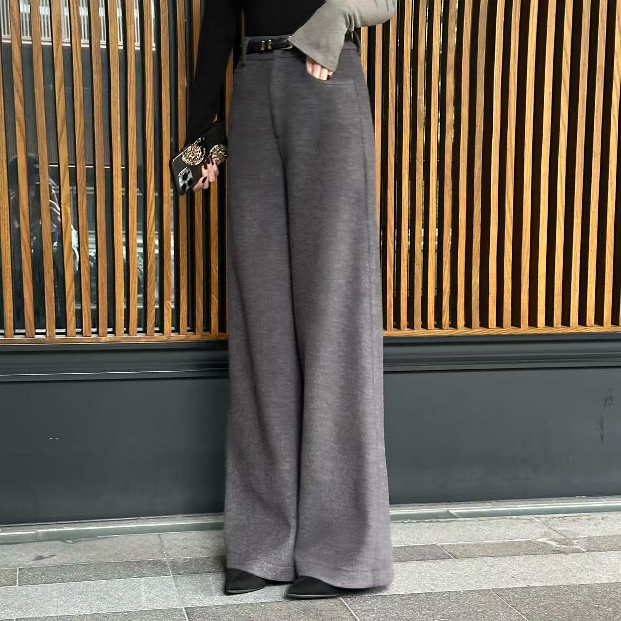 【特厚】天丝羊毛高腰垂感阔腿休闲裤女秋冬磨毛加厚毛呢拖地裤8777