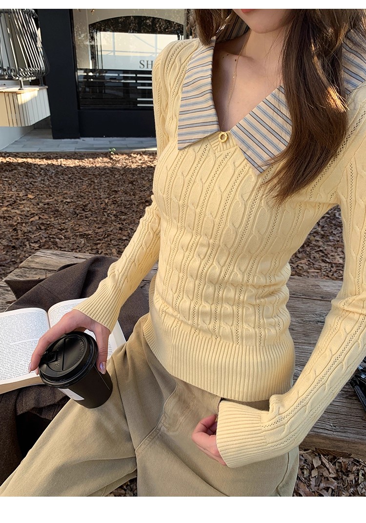 洋气v领麻花修身假两件毛衣可外穿针织衫女款冬季新款内搭上衣