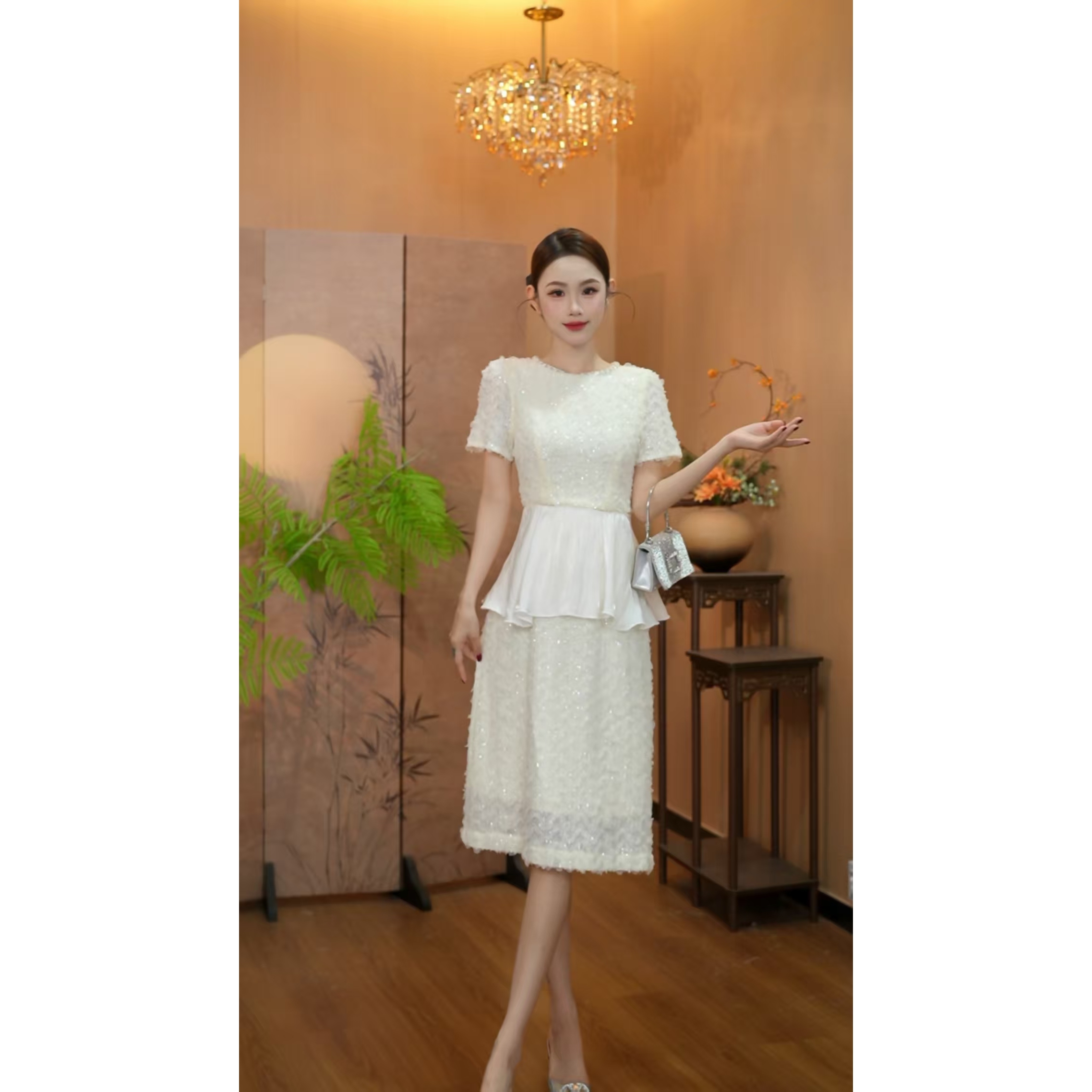 3731【夏风玉露】收腰名媛短袖显瘦连衣裙法式轻奢包臀连衣裙