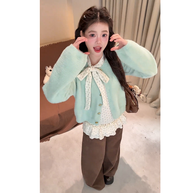 秋冬穿搭一整套女2025新款针织开衫叠穿波点打底休闲裤三件套