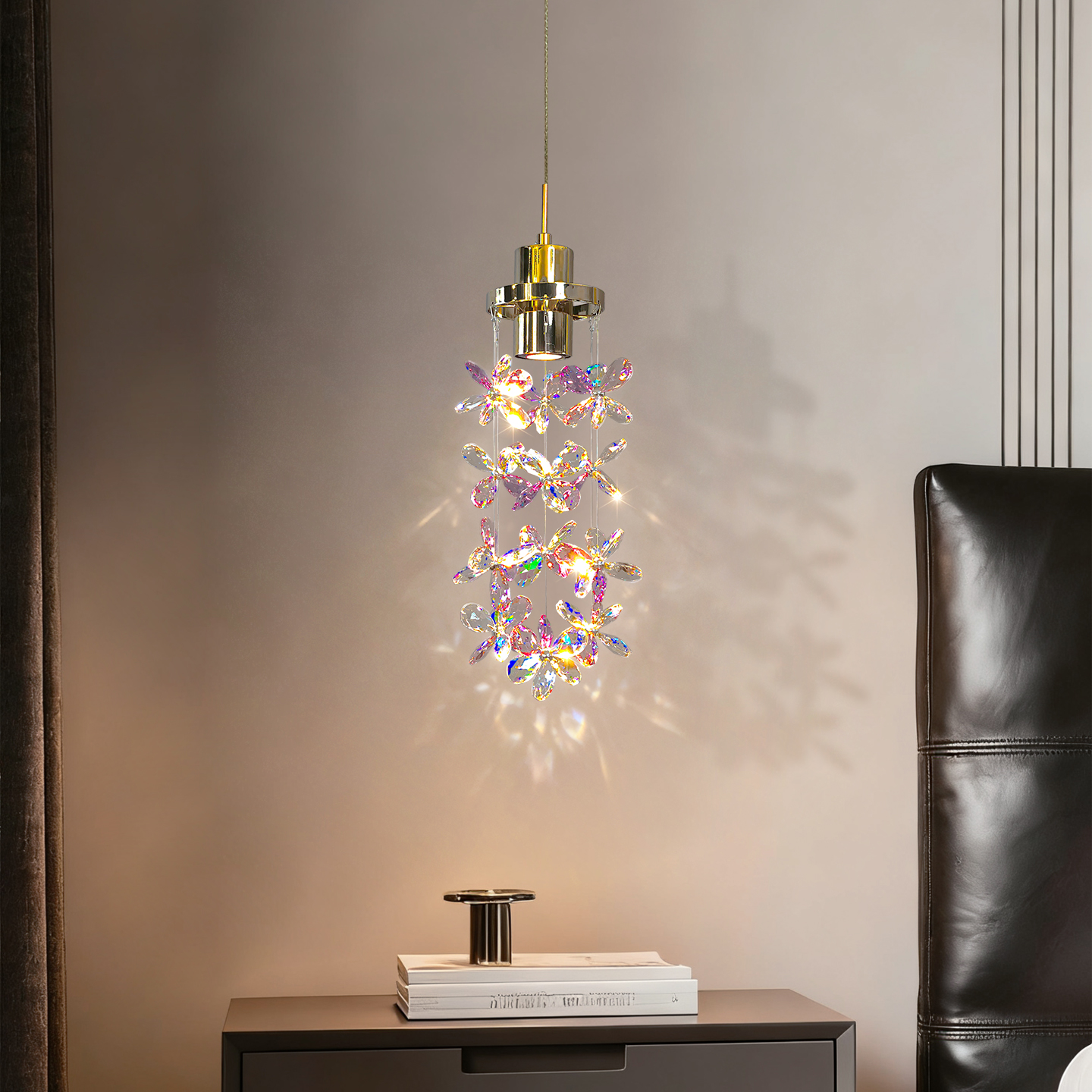 漫诗纱床头吊灯卧室吧台玄关法式轻奢水晶吊线灯高级感花朵小吊灯