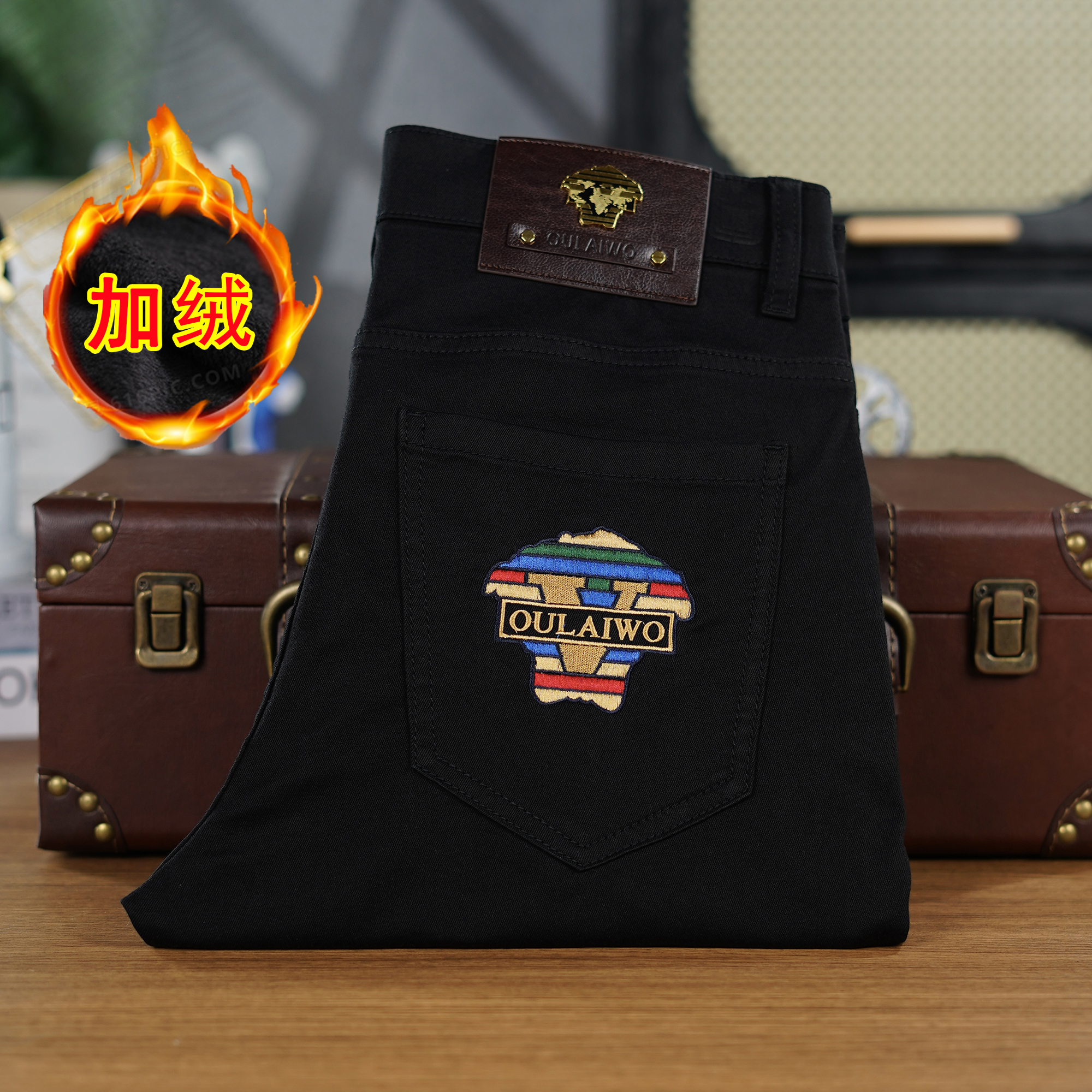 美人头纯黑色高端轻奢牛仔裤高弹刺绣男士春秋冬款潮流百搭直筒裤