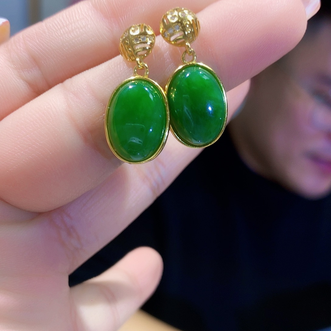 和田玉（碧玉）耳饰银S925镀金镶嵌