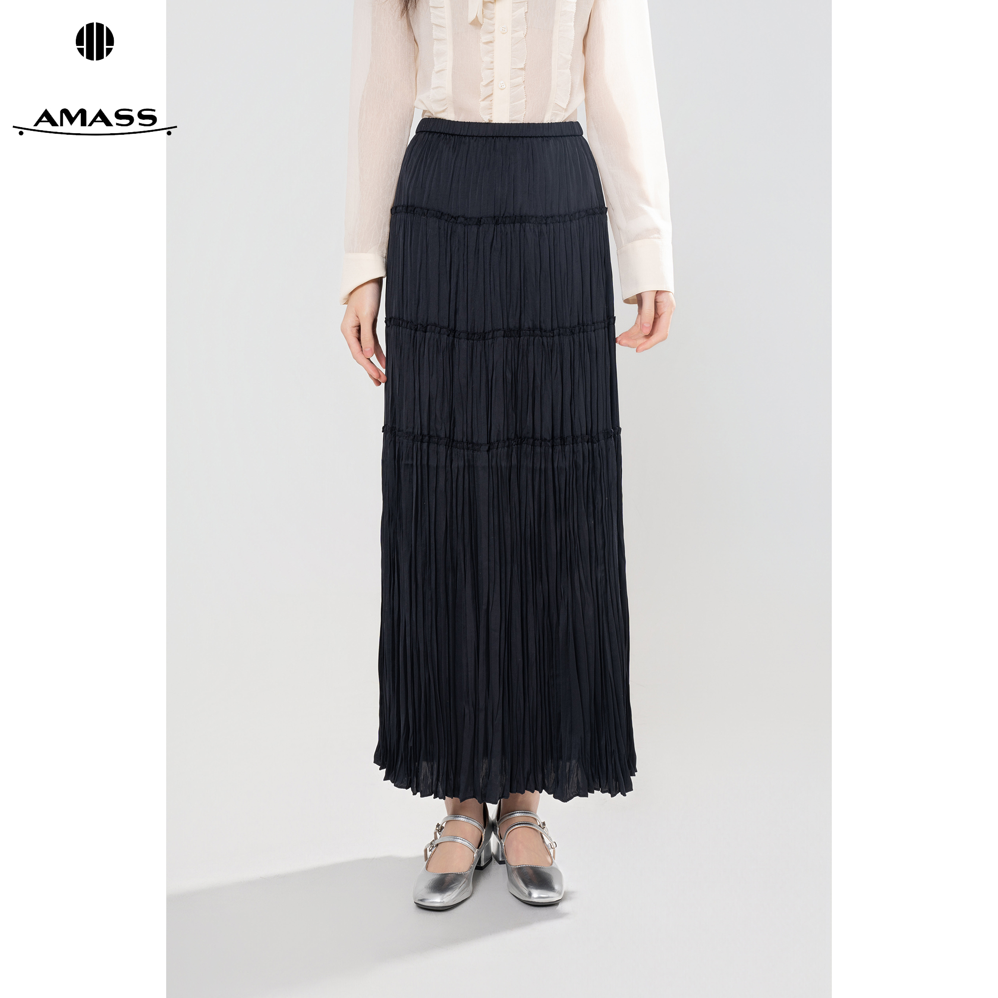 AMASS/阿玛施早春新款时尚气质简约纯色中高腰半身裙长裙女520136