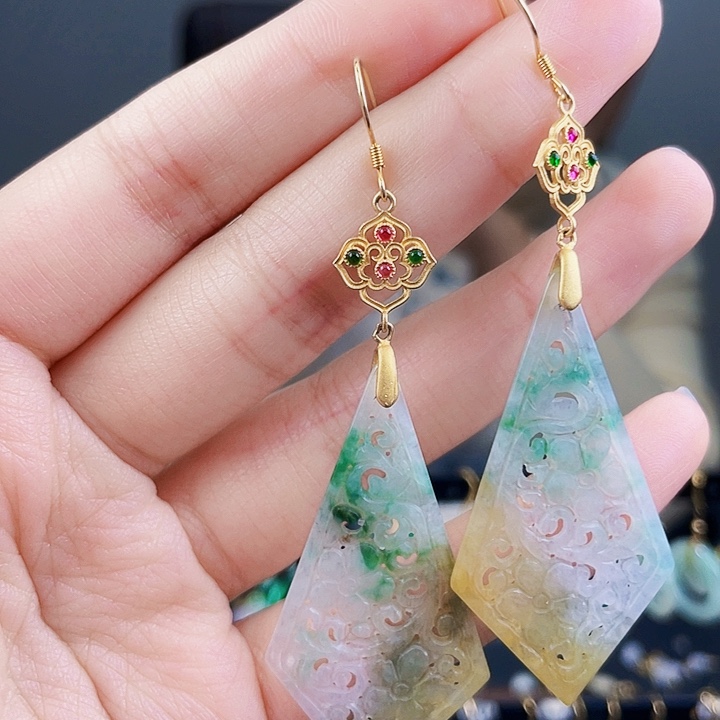 翡翠耳饰银S925镶嵌饰品