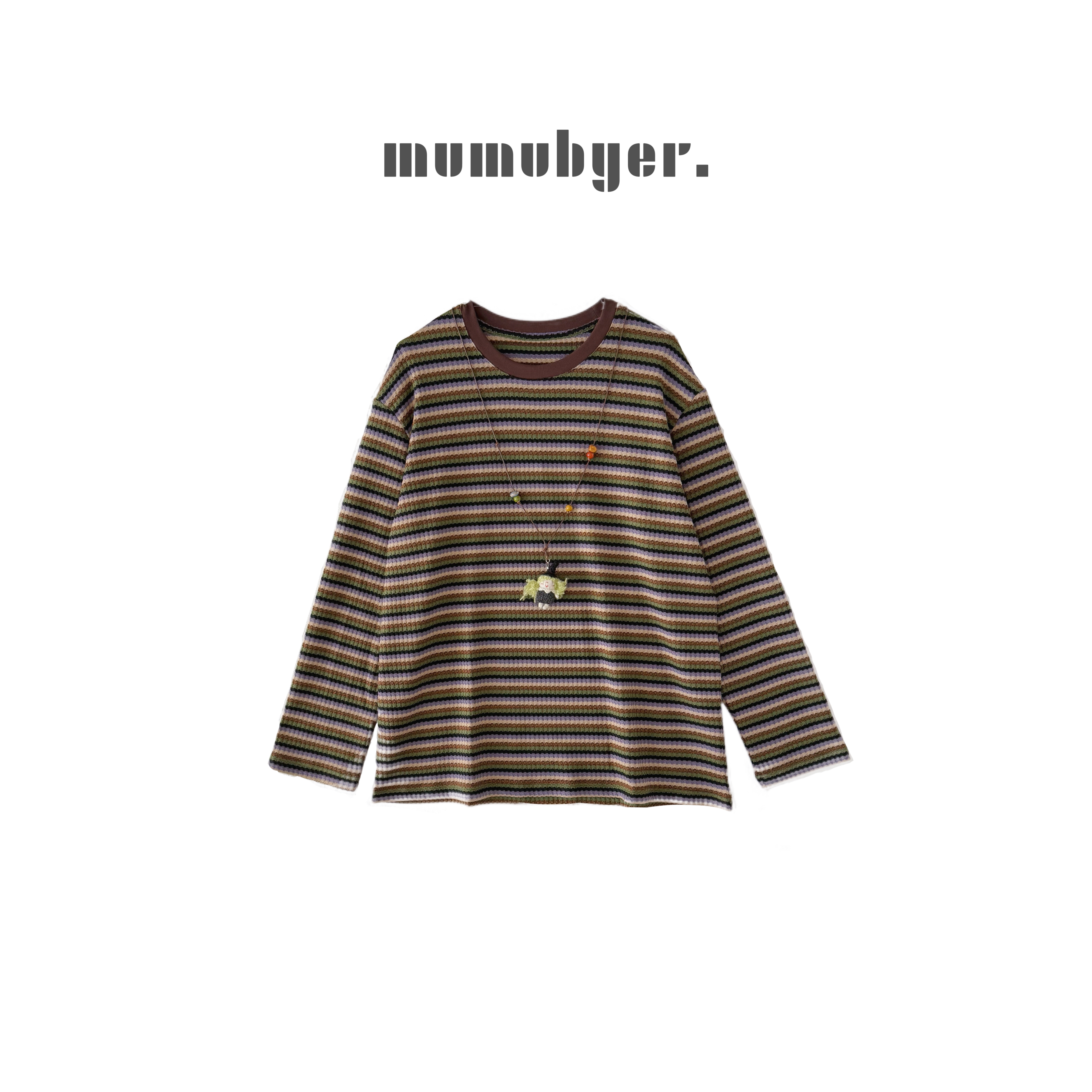 mumubyer •“墨尔本落日”复古条纹撞色章仔挂件长袖T恤