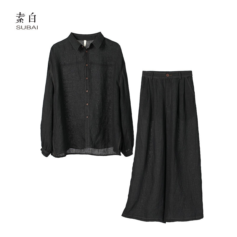 素白高级感【麻序】K01738老钱风汉麻休闲衬衫阔腿裤套装