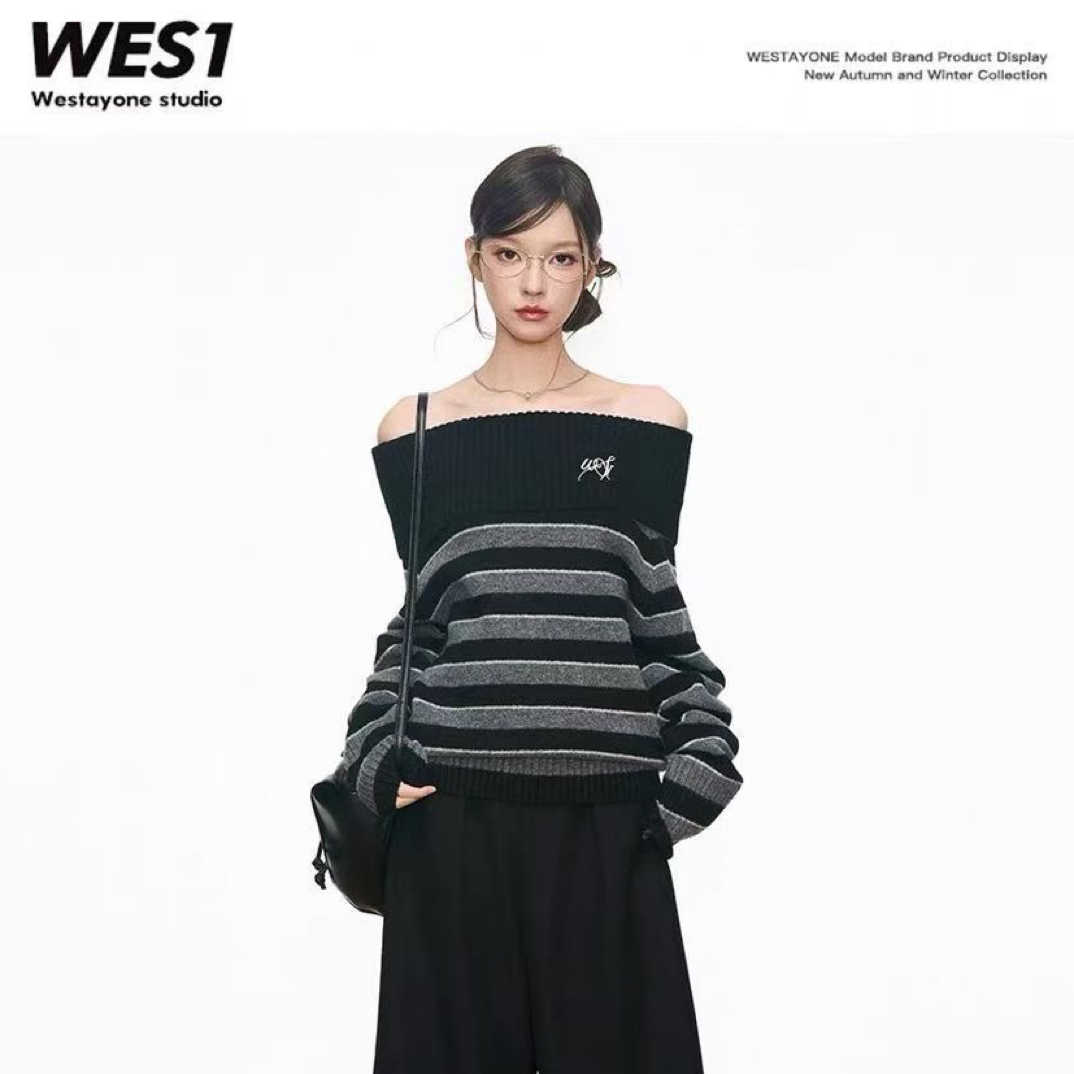 条纹一字肩毛衣上衣女慵懒风搭配黑色西装阔腿裤