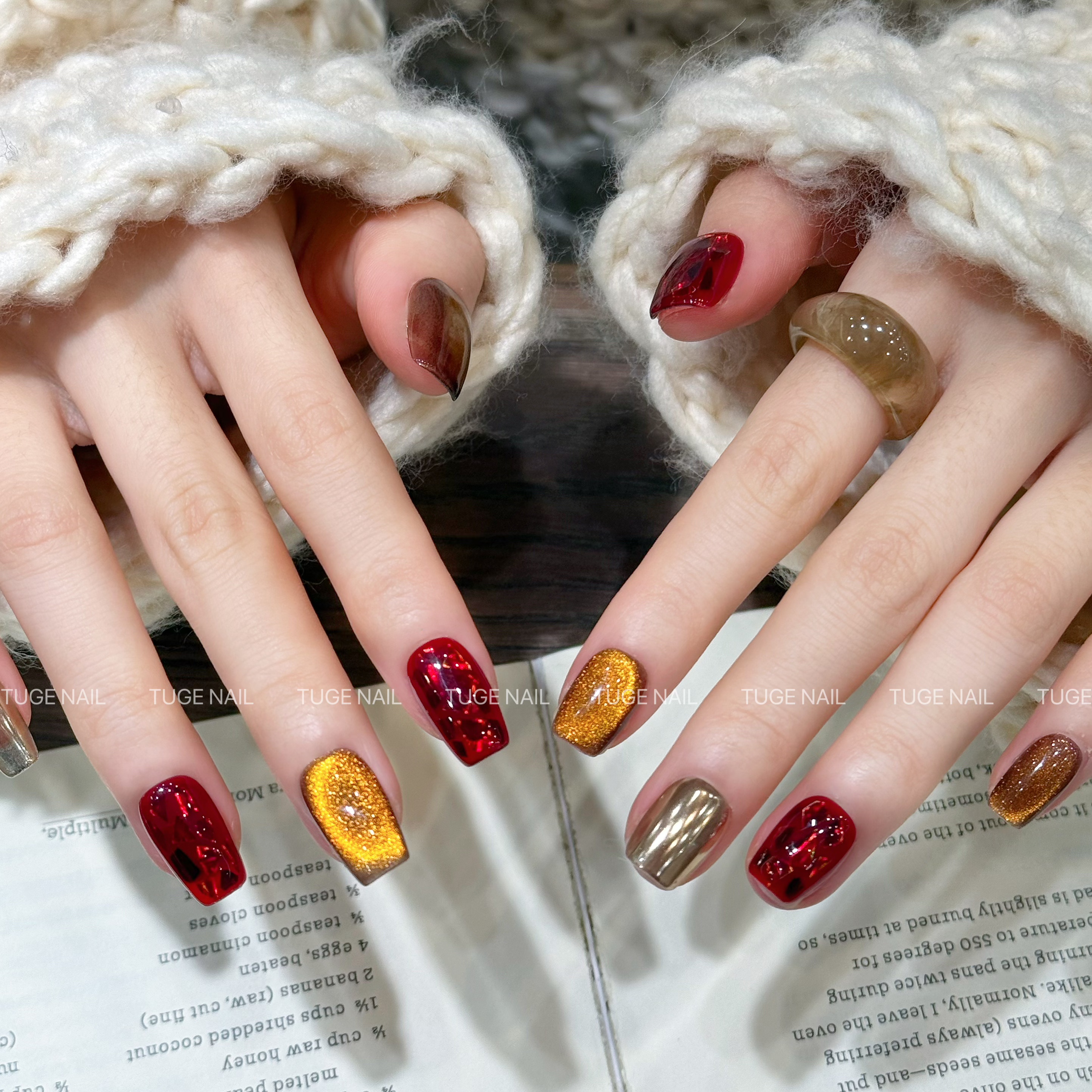 Tuge Nail“慵懒时光”秋冬显白气质果酱红琥珀晕染设计师美甲TG102