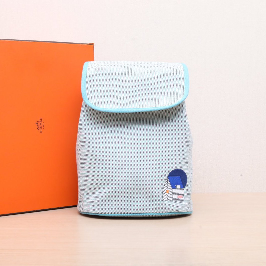 全新未使用 Hermes/爱马仕 -100 小花6欢 帆布双肩包蓝色拼薄荷绿