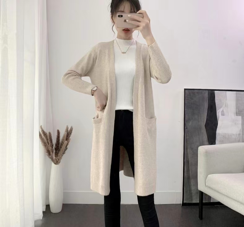针织衫外穿中长款外套女春秋新款韩版纯色百搭口袋外搭毛衣开衫潮