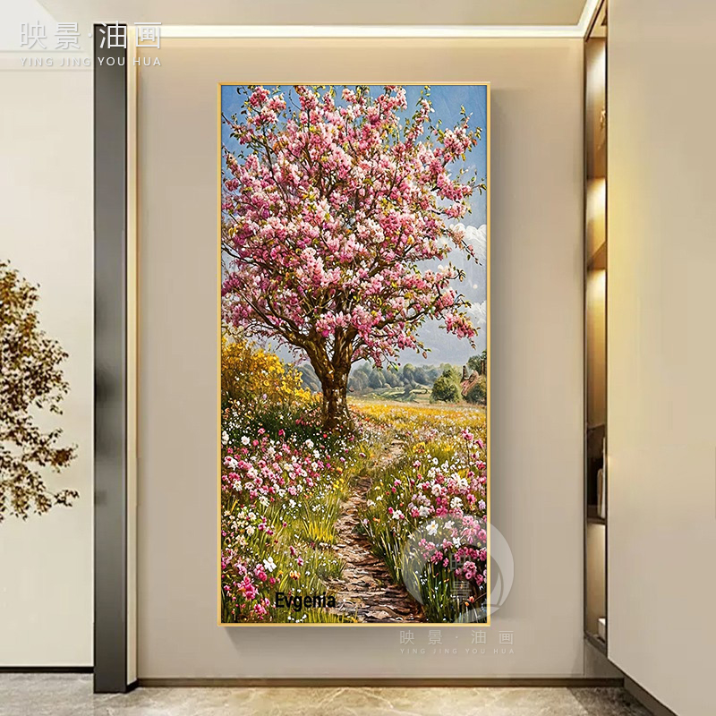樱花树下玄关装饰画花树风景画枝繁叶茂油画现代轻奢简约走廊挂画