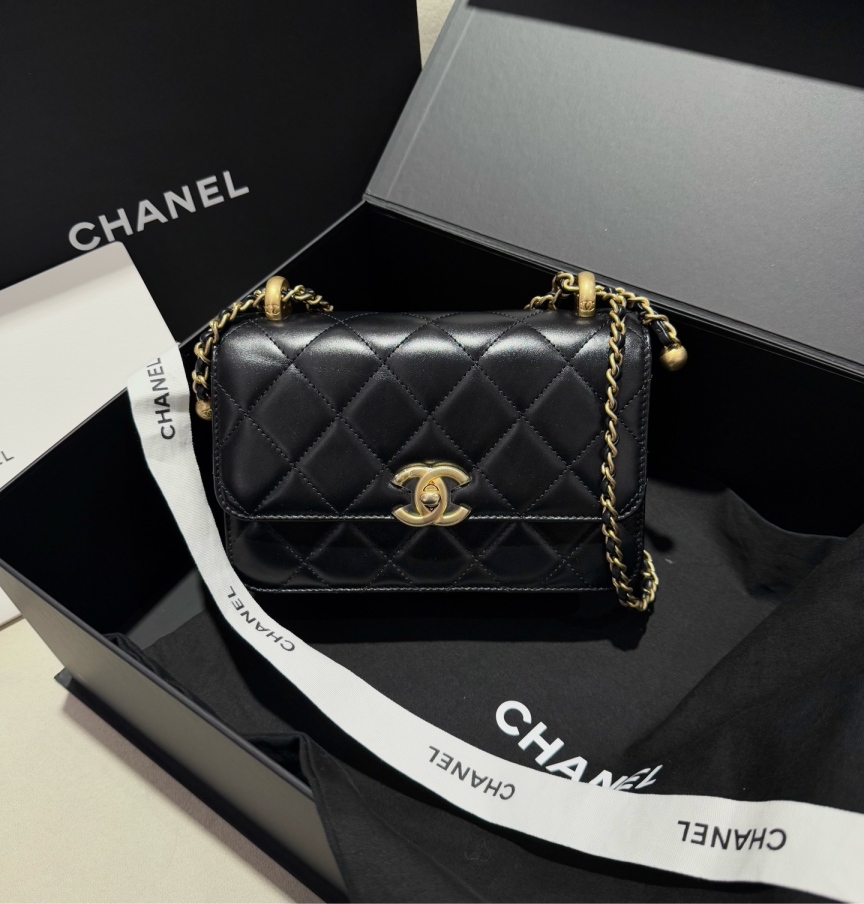 99新 Chanel/香奈儿 黑金双金珠链条单肩斜挎包芯片款99新/28K5