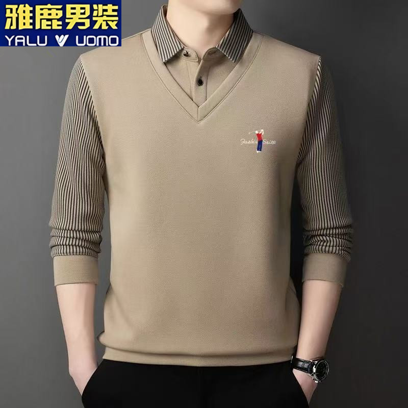 雅鹿男装春秋款长袖T恤假两件衬衫领印花Polo衫休闲薄款上衣A39