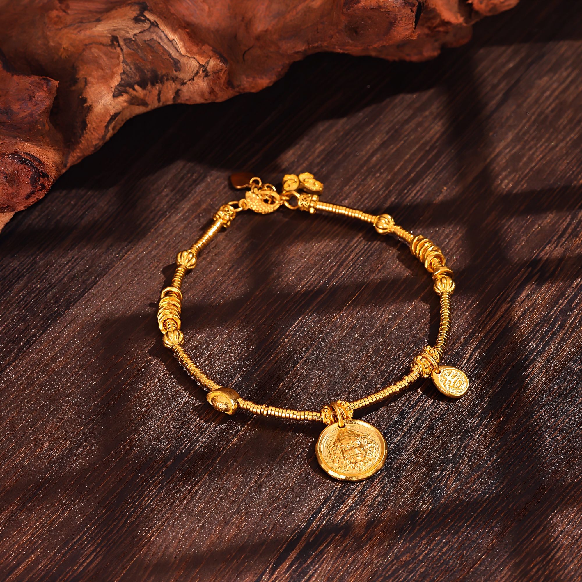 12期免息【中国黄金】足金福牌黄财神黄金手链夏日潮搭时尚