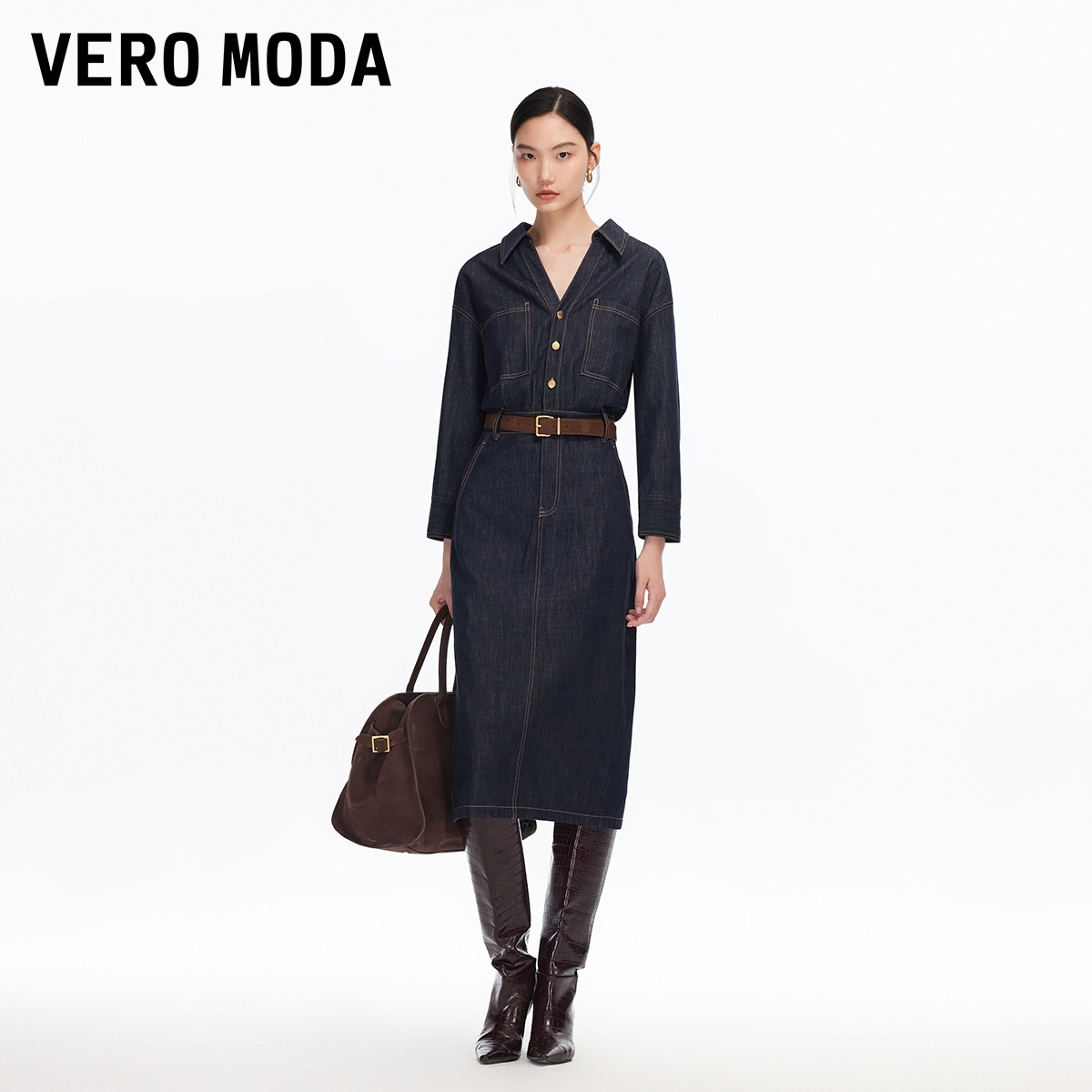 Vero Moda连衣裙25新款纯棉撞色明线百搭牛仔裙流光风老钱风女装