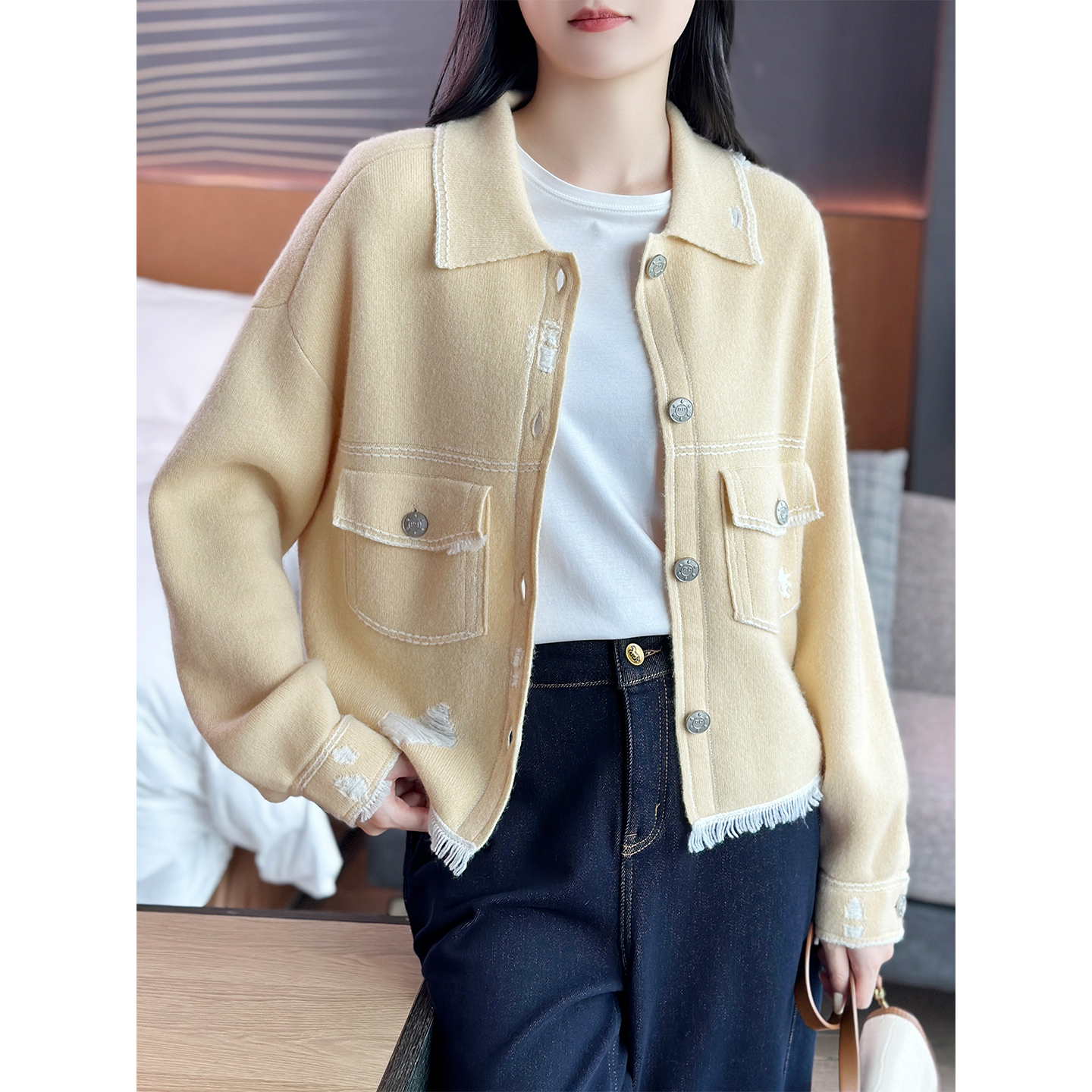 左左家 Bar*元柜明星同款~小香风翻领流苏边破洞羊绒针织夹克外套