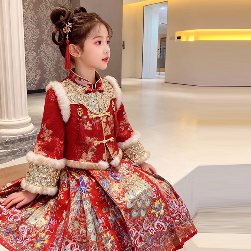 女童汉服儿童连衣裙套装冬装2026新款女孩国风本命新年红色拜年服