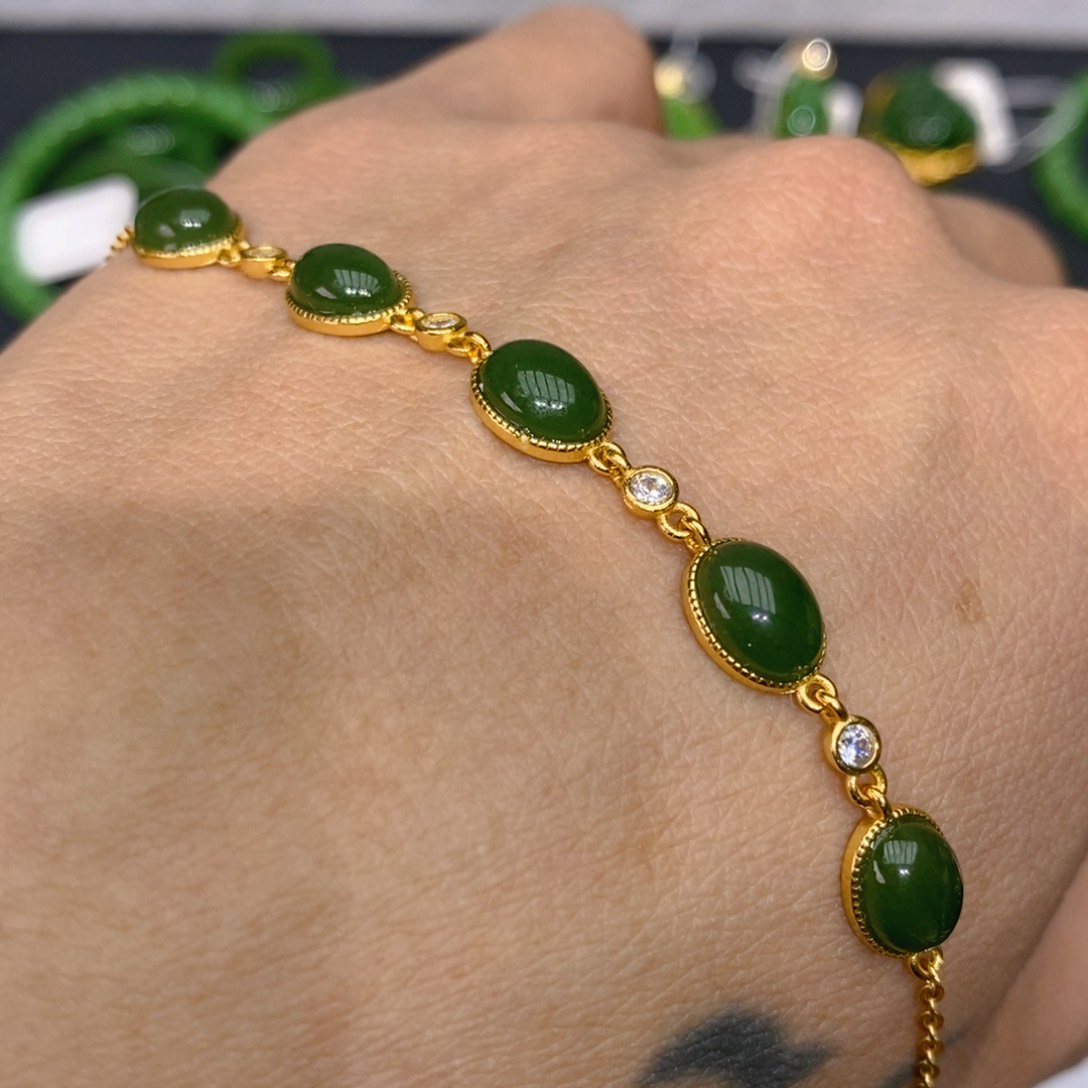 和田玉（碧玉）颈饰银S925镀金镶嵌