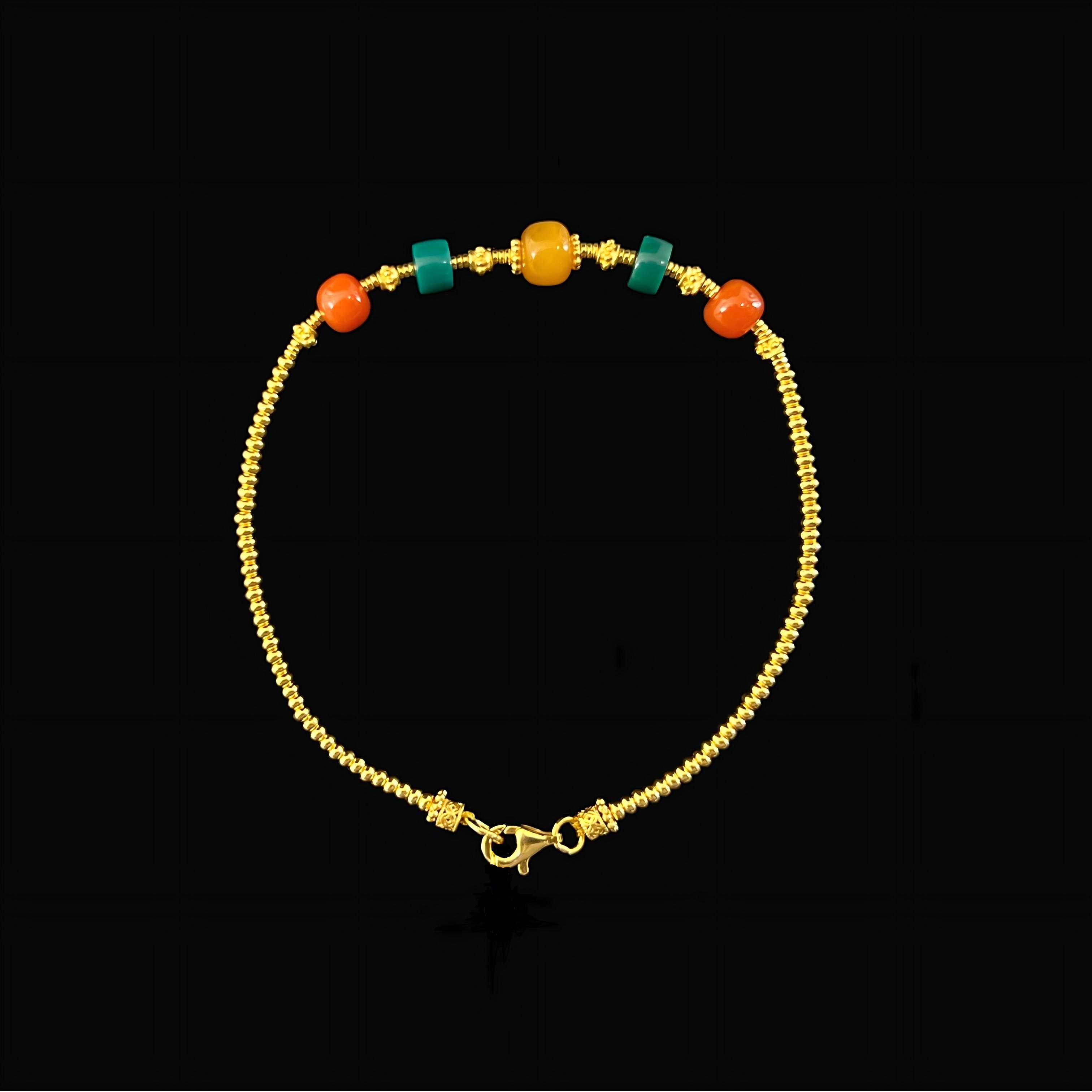 足金多宝手链(绿松南红蜜蜡) 珠径约1.8mm  链长16.5cm 金约3.8g