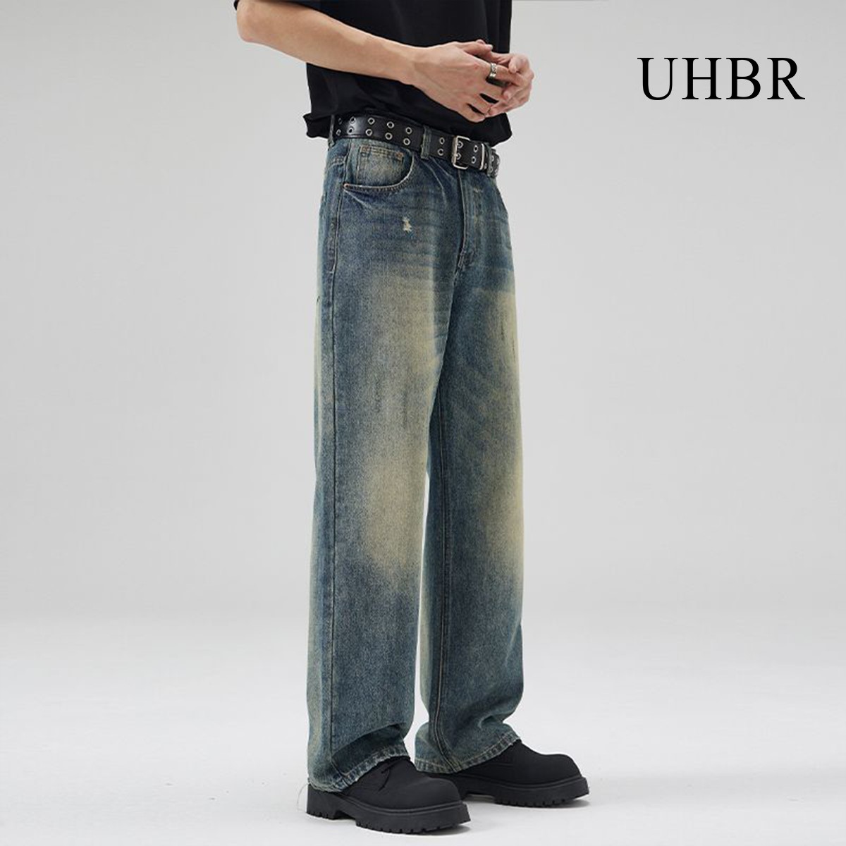UHBR夏季美式直筒牛仔裤男复古百搭休闲宽松微锥做旧破洞休闲长裤