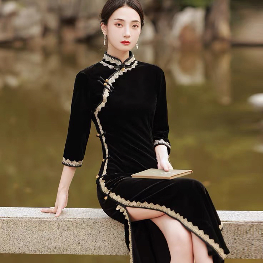 黑色旗袍2025新款高端修身女新中式日常可穿秋冬季长袖中国风女装
