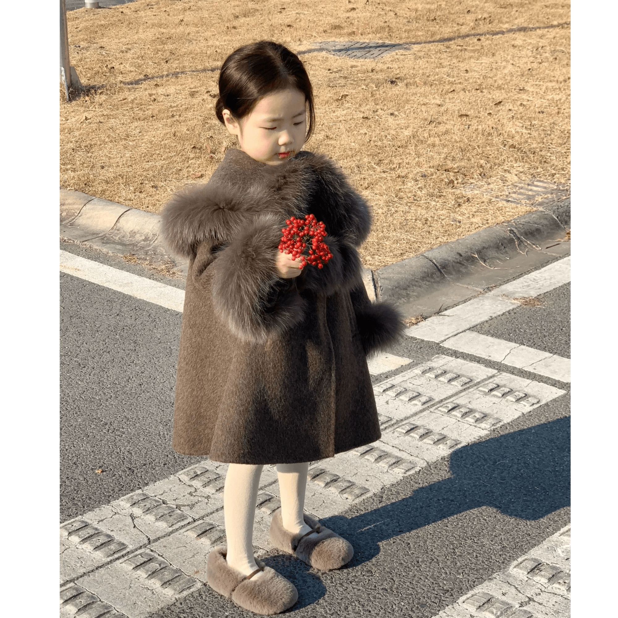 现货狐狸毛）壹妈洋气儿童中长款大衣加厚外套女童冬高级感外套