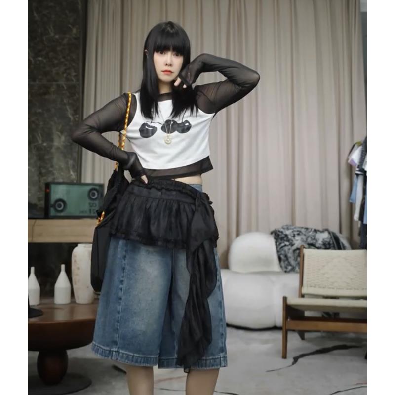 infobyfive福利夏季新款假两件樱桃长袖圆领网纱打底T恤NF0503111