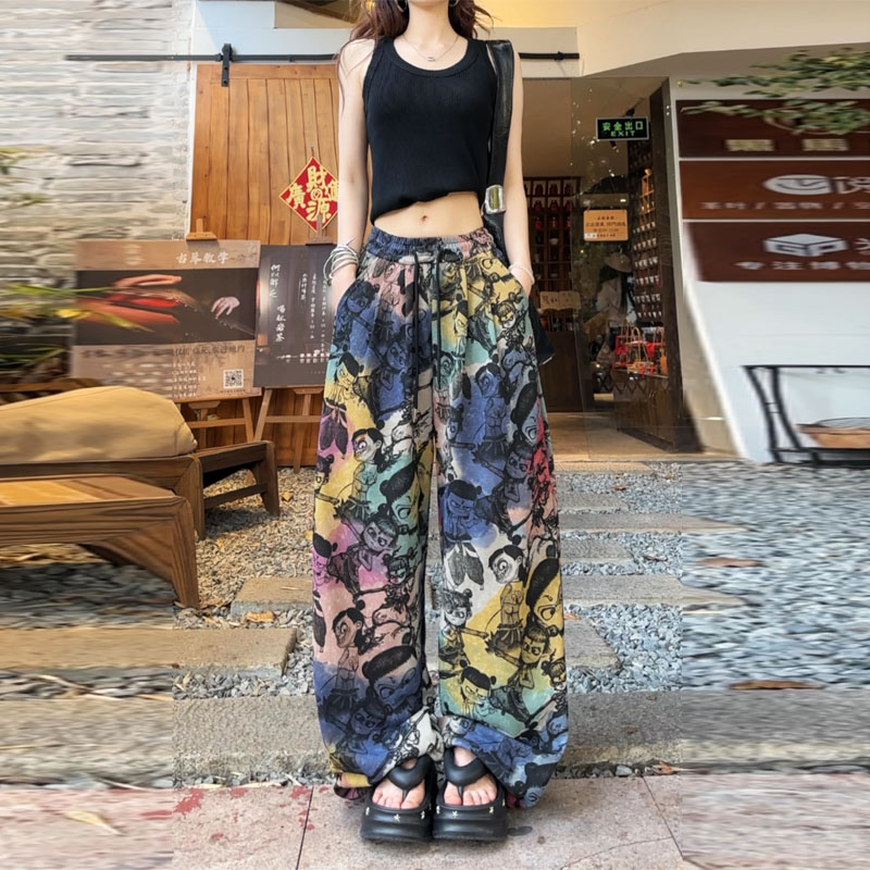 （清仓款）新款薄款宽松卫裤39269扎染渐变魔童哪吒印花直筒裤女