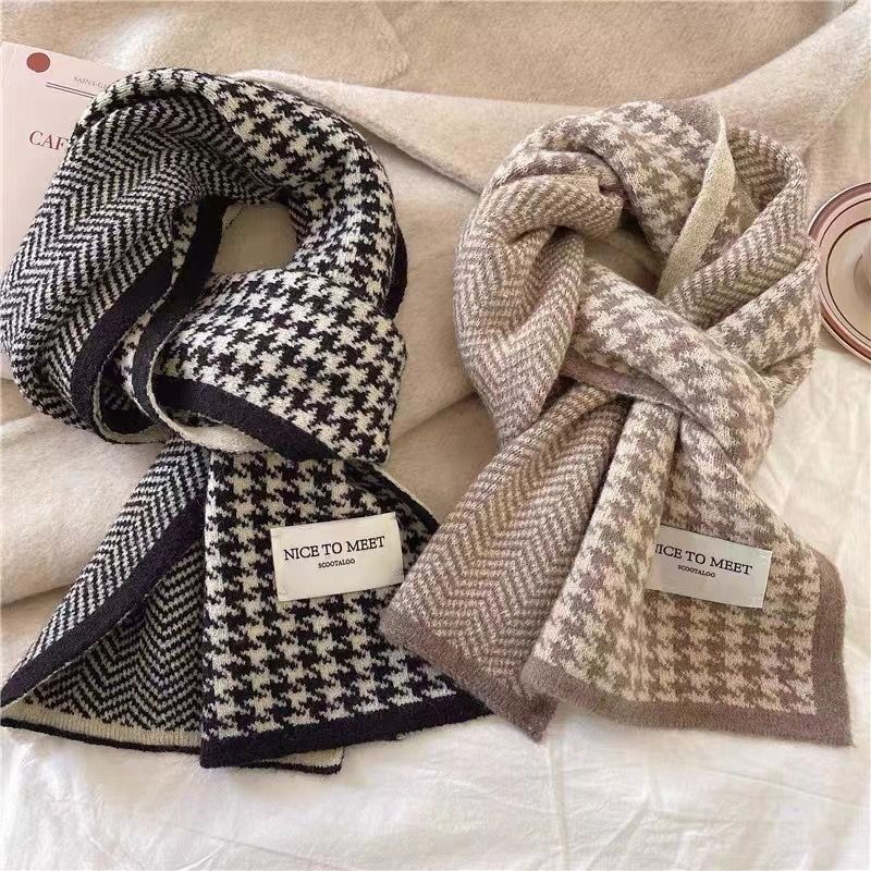围巾女冬季韩系氛围感双面保暖可爱学生风针织千鸟格外出搭配围巾