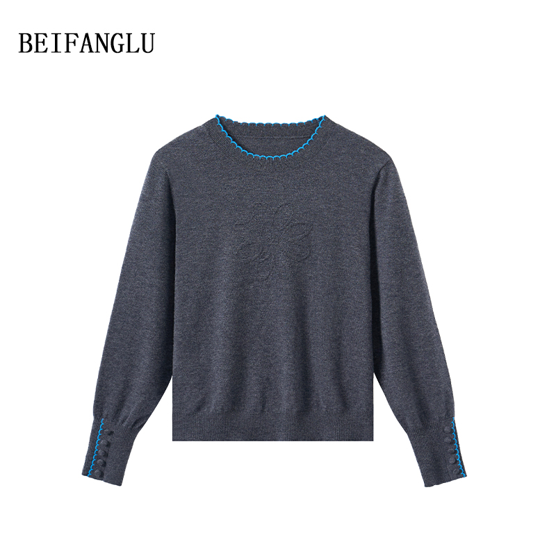 北方鹿【100%绵羊毛】柜单髙货气质花边圆领提花针织羊毛衫女251300