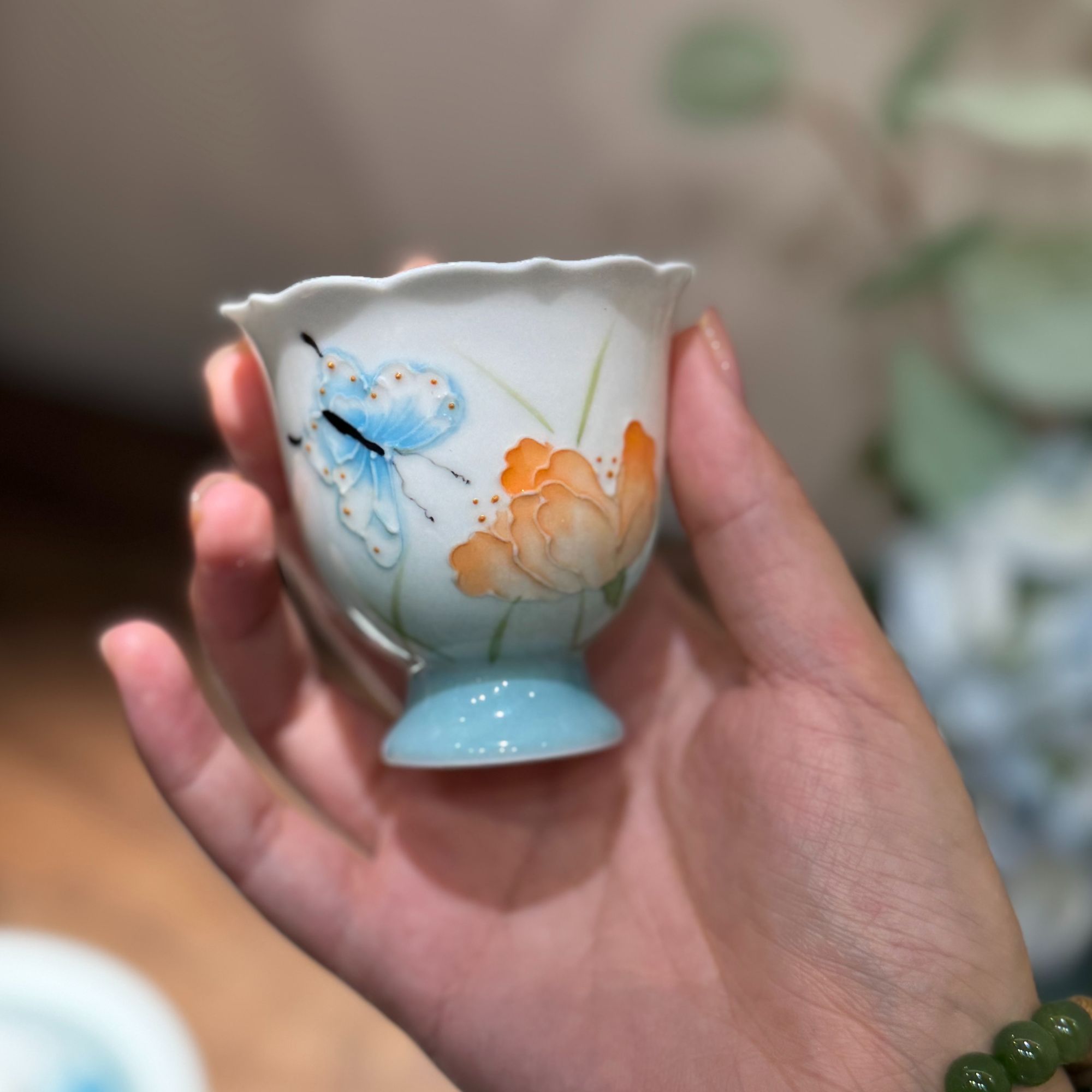 【花开盛夏】惊雀高足花口茶杯小苍兰釉下彩手绘立体花瓣茶具女士