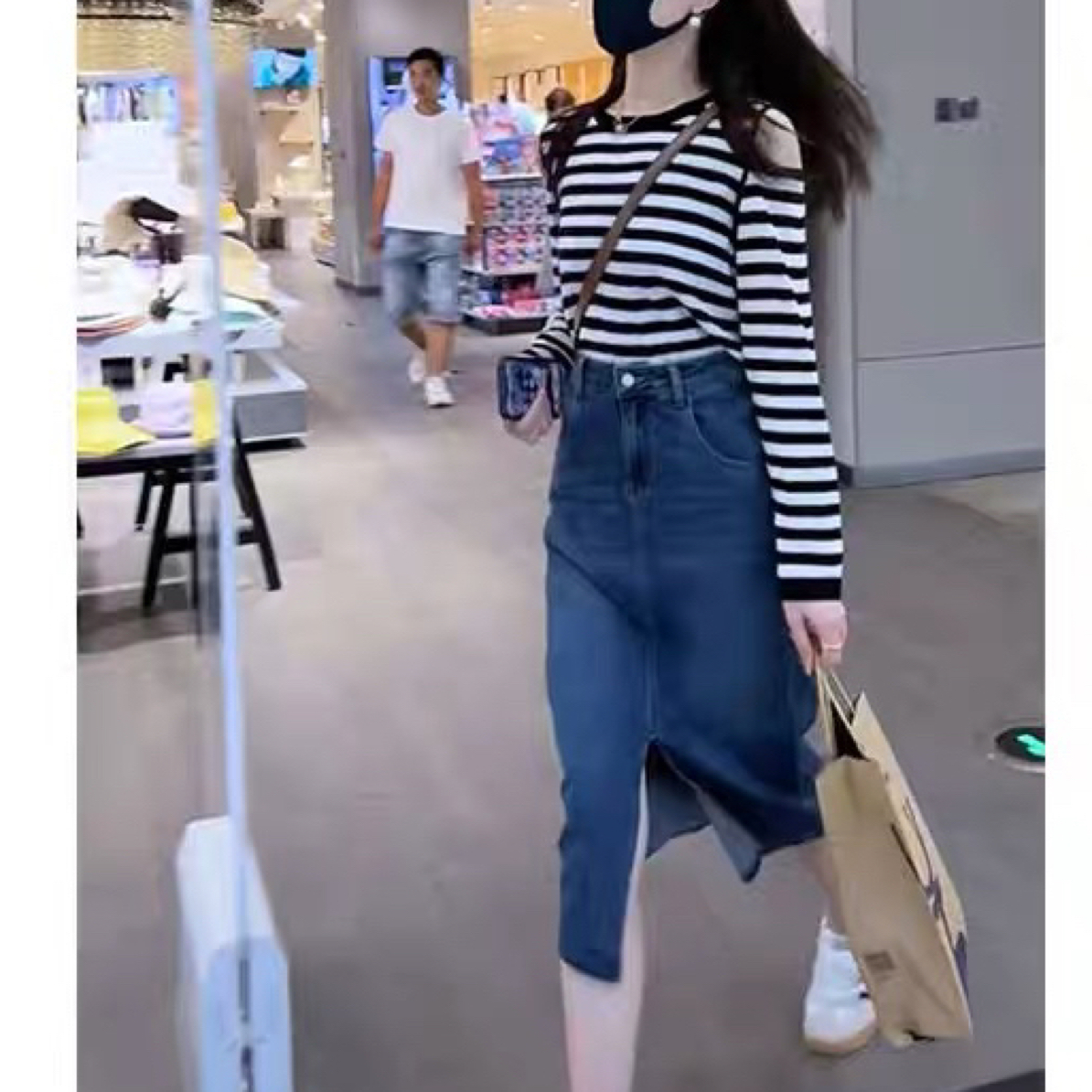 233【两件套】早秋露肩长袖针织T恤搭配牛仔半身裙时尚套装