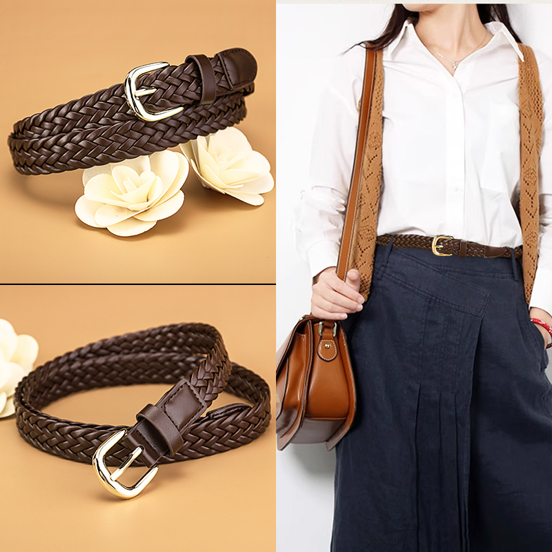 新款咖色编织腰带女百搭复古手工编织银色针扣皮带牛仔裤休闲裤带