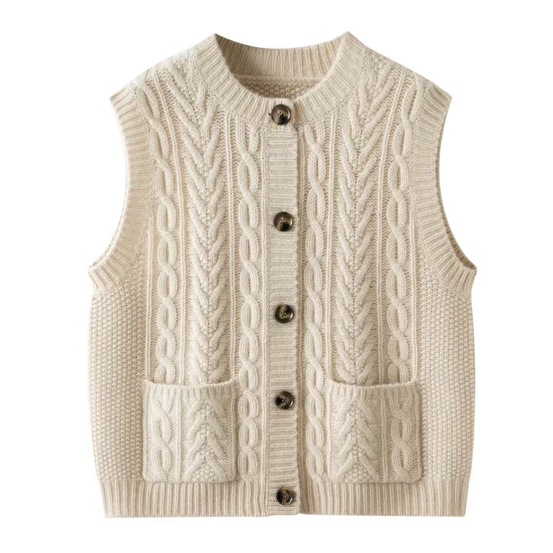 100%山羊绒3针6股重磅加厚扭花圆领马甲