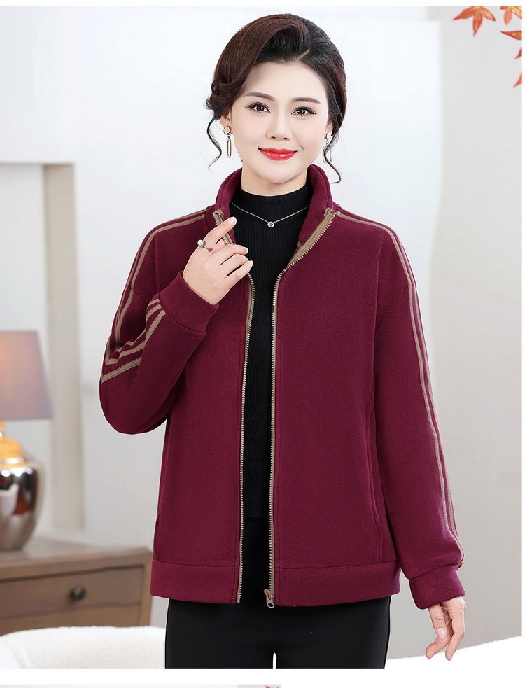 立领纯色三条杠拉链休闲风秋冬保暖双面妈妈装宽松时尚外套卫衣