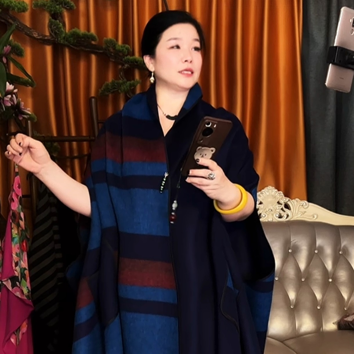 蓝红条全毛斗篷大衣