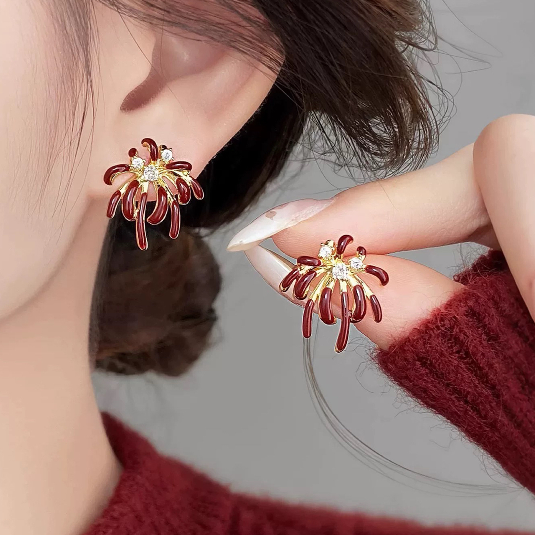 合金耳饰 红色烟花耳钉秋冬新年过年喜庆耳环镶钻高级百搭耳饰女