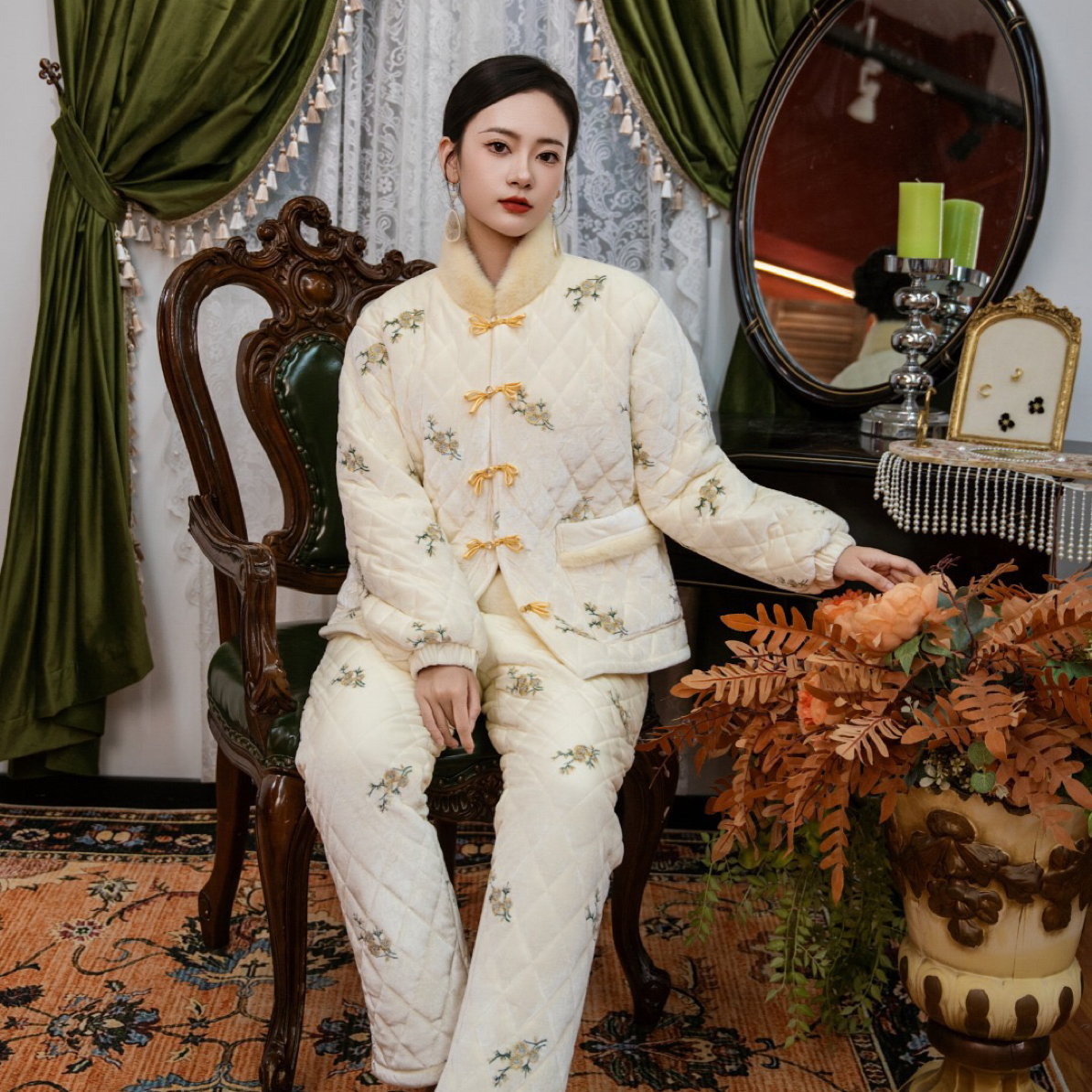 251230毛绒立领花卉刺绣三层夹棉加厚保暖冬季可外穿家居服套装