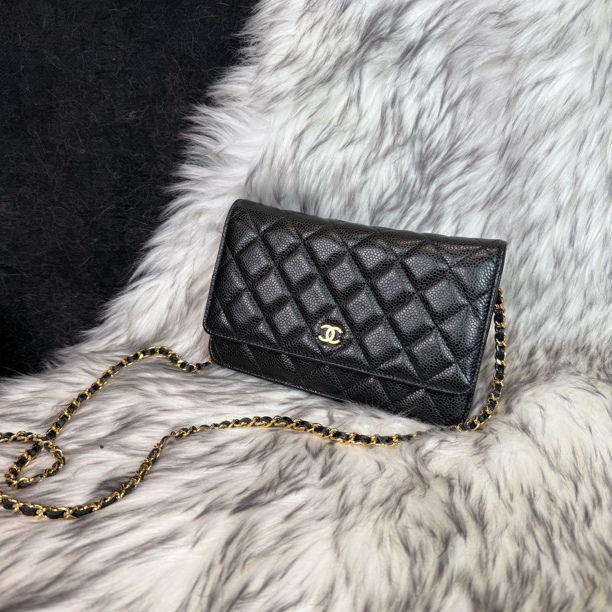 95新 Chanel/香奈儿 黑金荔枝纹发财 woc 斜挎包