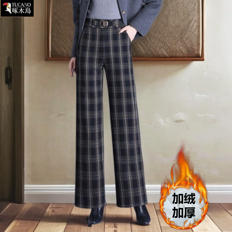 啄木鸟正品爆款撞色毛呢格子裤女新款秋冬加绒裤子高腰显瘦阔腿裤