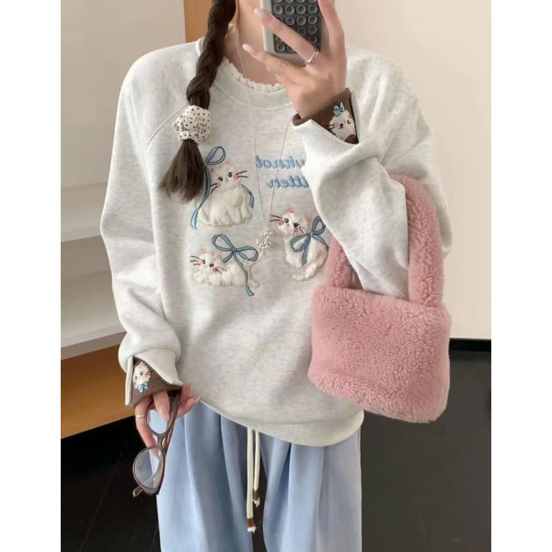 小雅姐姐【珍珠猫卫衣】加绒刺绣花边领甜美卫衣KH62