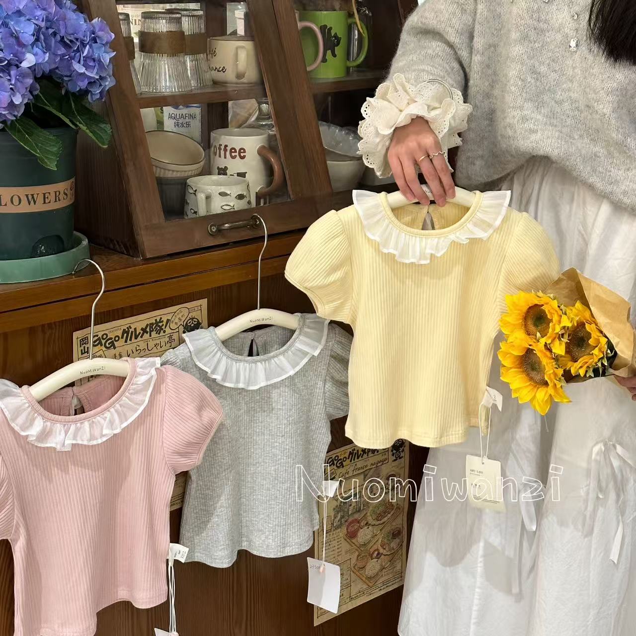 丸子十【现货】儿童韩版细坑条真丝百搭皱领子打底（夏款）WZJ-23504