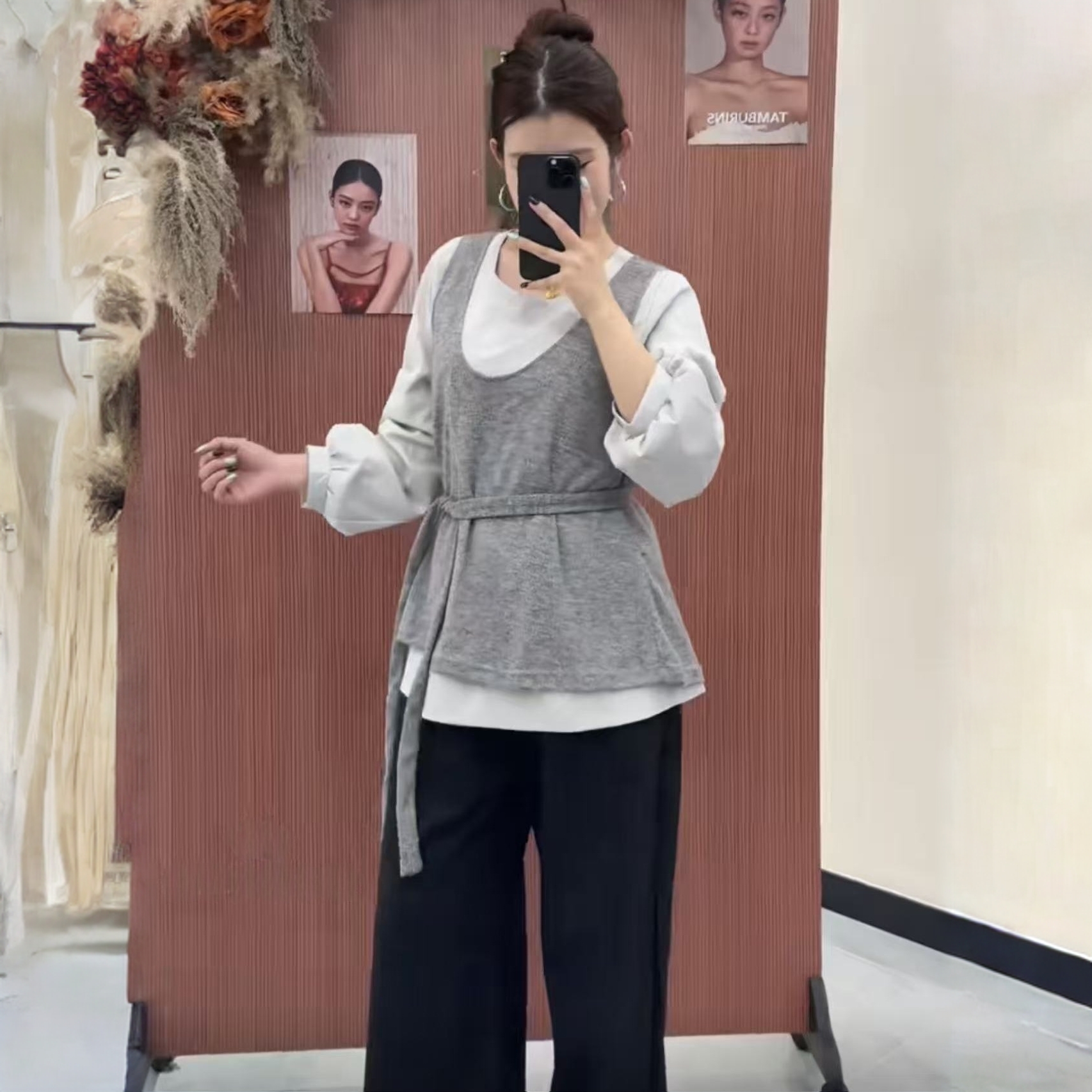 法式优雅长袖秋季大码宽松斜襟衬衫打底显瘦百搭休闲二件套