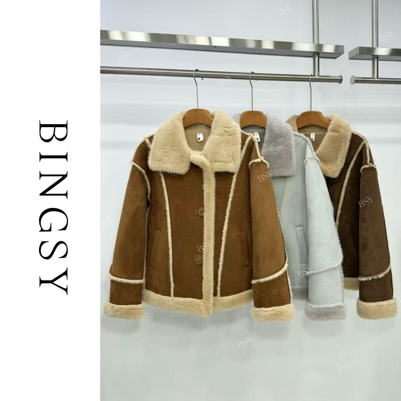 【BingSiYu】冬季翻领机车风加厚时尚保暖复古外套